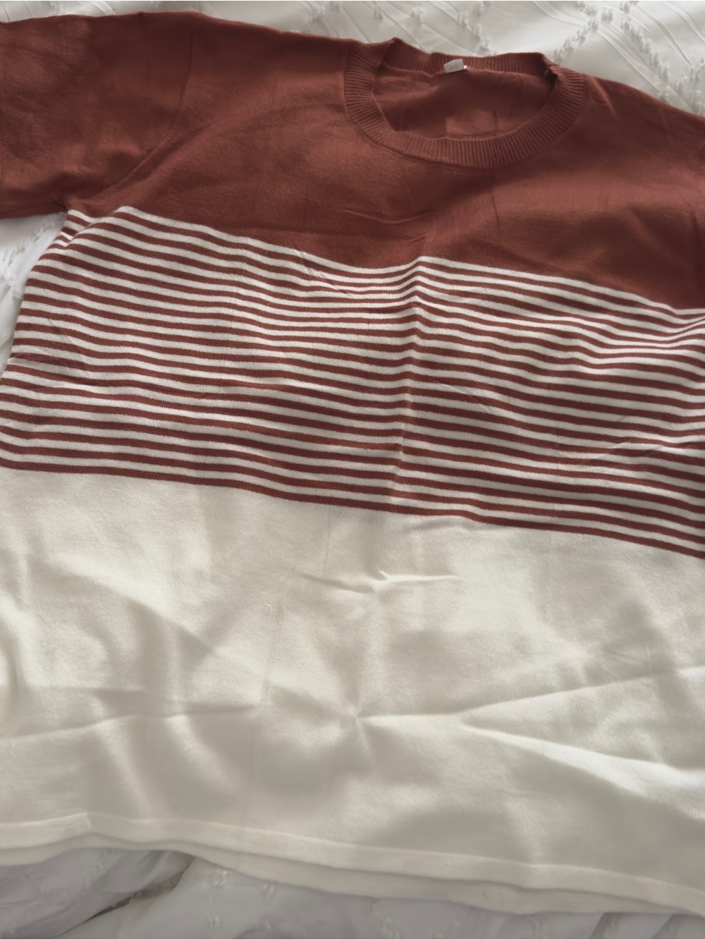 Womens Rust and Cream Striped Crewneck Sweater